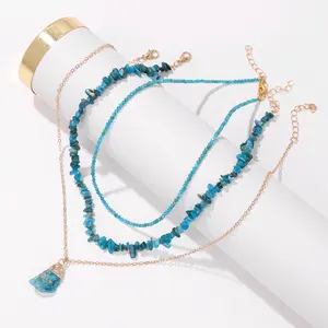 Raw Amethyst Stone, Raw Turquoise Stone, Colorful Fluorite Stone Layered Crystal Necklace