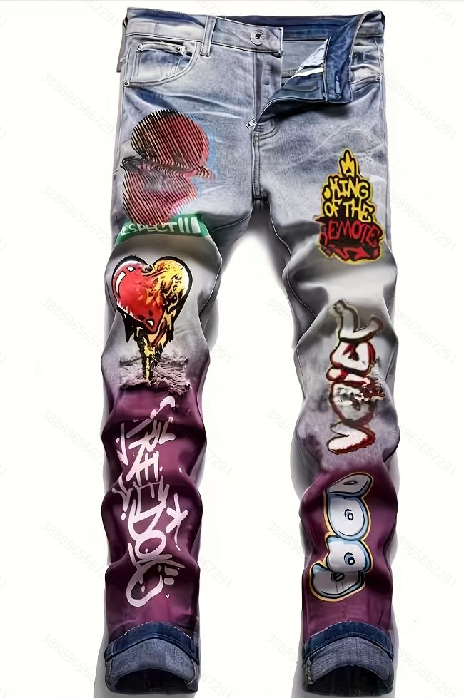 Men’s Y2K straight-leg jeans with rips and prints, European & American fashion trend