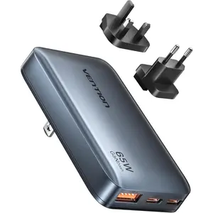 65W USB C  Charger with UK//EU Plugs, 3-Port Ultra Flat International Travel Adapter for UK, EU, ,  Pro GaN Charger Compatible with MacBook, Laptop,  16/15/14, Galaxy S25/24