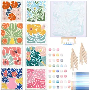 8 Set Paint by Numbers Kit for Adults with 8x8 Inch Mini Simple Painting Canvas Wooden Frame Easel Acrylic Paints Brushes Funny Numbers Drawing Kit for Gift Home Wall Decor(Simple Blossom)