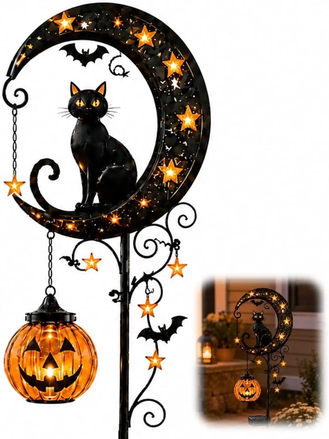 Pumpkin Moon Garden Stake Light, Solar Halloween Black Cat & Pumpkin Stake Light, Outdoor Waterproof LED Yard Decoration with Crescent Moon, Hanging Jack-o'-Lantern Lantern