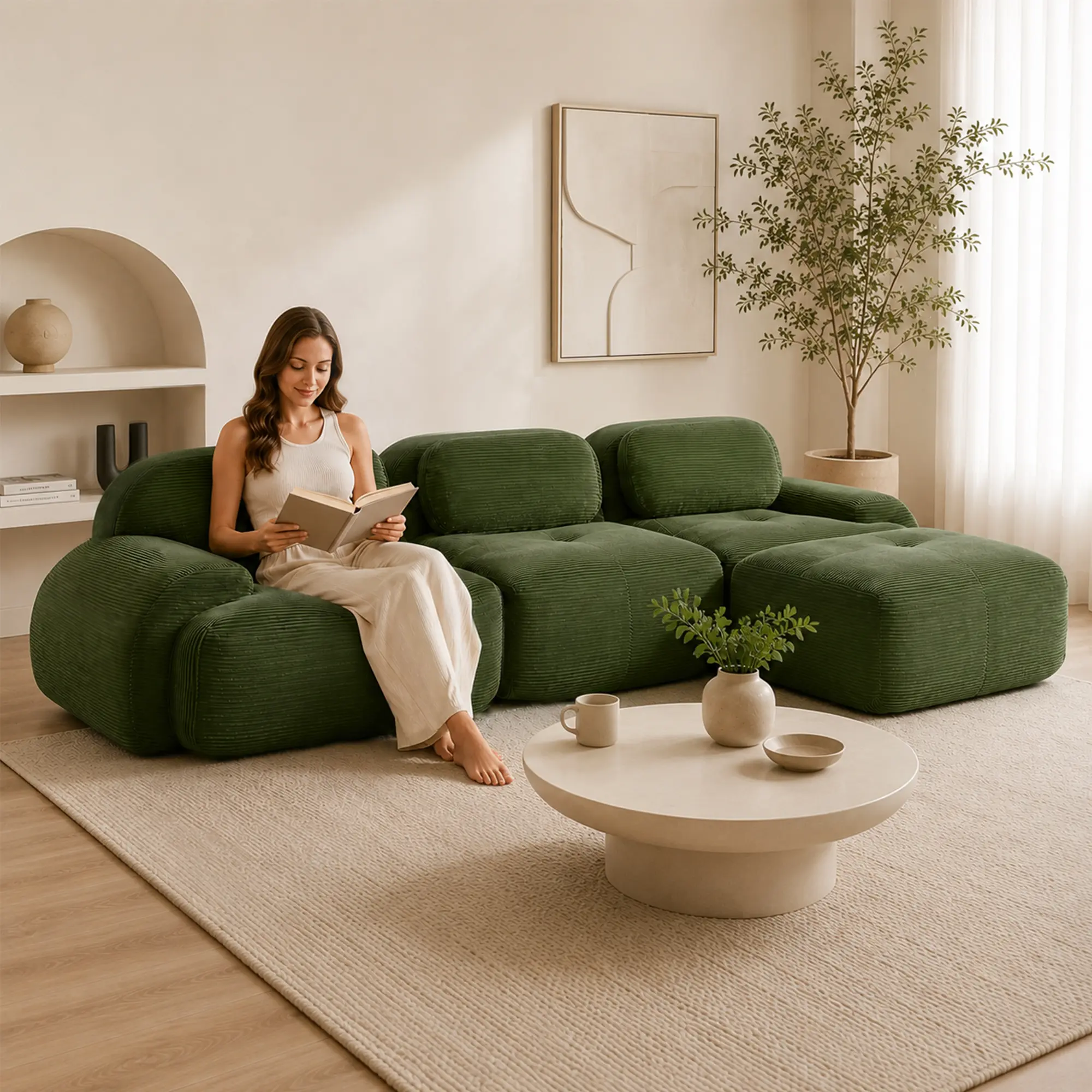 116" L-Shaped Modular Sectional Sofa, No Assembly Needed, Ergonomic Luxury Corduroy Couch, Pet-Friendly Design with Extra-Wide Curved Armrests, 32D High Resilience Sponge, Ideal for Living Room and Bedroom