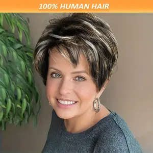 New 2025 Arrivals Women'S Elf Cut Wig - Natural Look Human Hair with Bangs, 180% Density Rose Mesh Cap, Lightweight & Secure Fit for Everyday, Parties, Photoshoots - Easy to Style & Maintain - Suitfor All Light Beige Tones & Ethnicities, Short Hair Wig, P