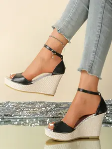 Women's Wedge Heel Sandals Thick Sole Waterproof Platform Buckle Strap Open Toe Woven High Heels Summer Outdoor Wear Fashion