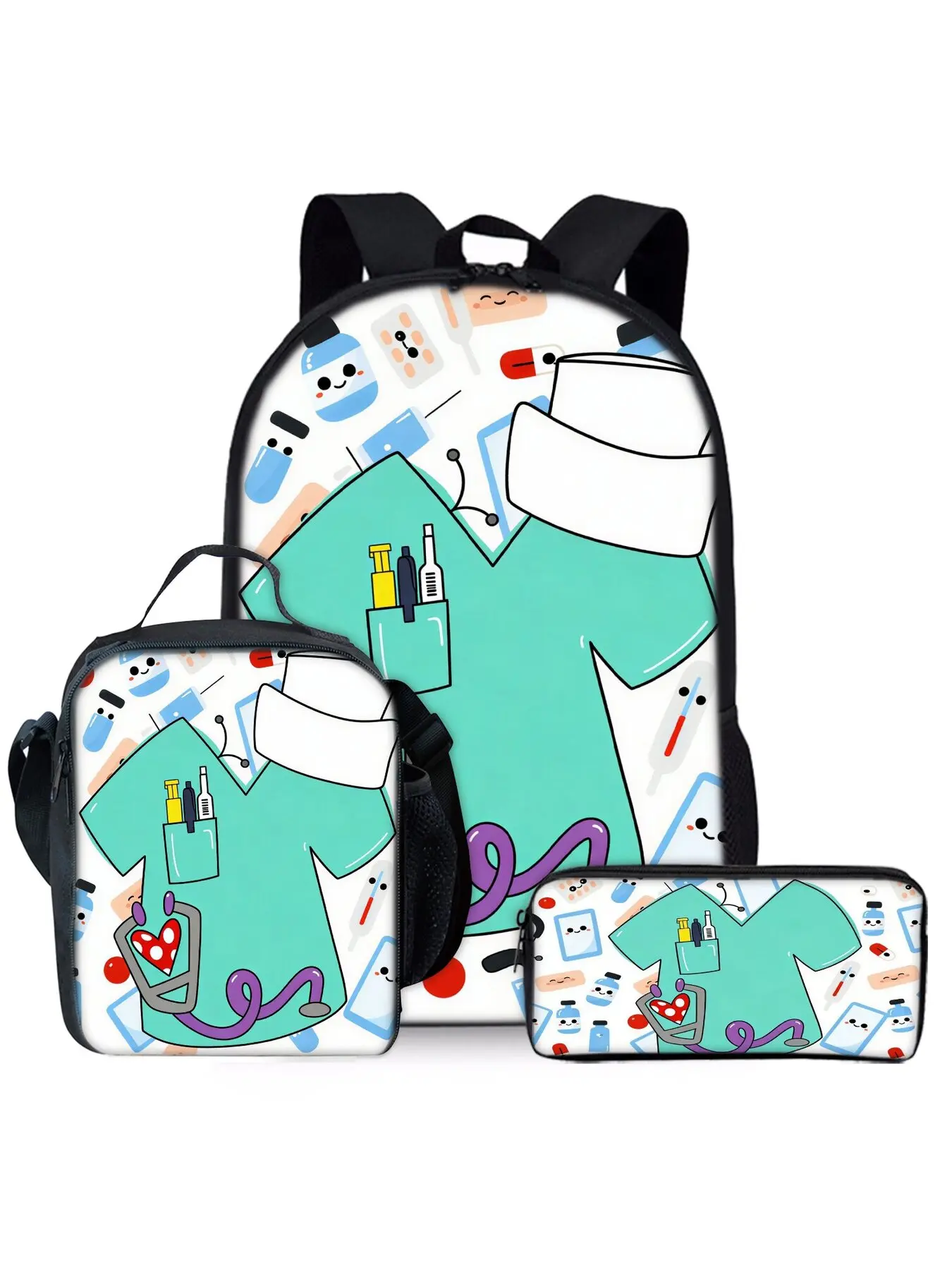 The three piece set of printed backpacks for doctors and nurses includes lunch bags and pencil cases