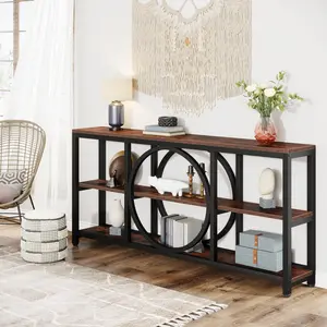 LITTER TREE Extra Long Console Table, 70.9 inch Narrow Sofa Tables with 3 Tier Wood Storage Shelves Industrial Metal Frame for Entryway Hallway Living Room Behind Couch, Rustic Brown Black
