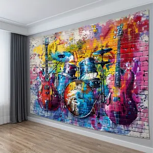 Colorful Graffiti Rock Music Wall Tapestry - Guitar & Drum Set Art - Polyester Woven Decorative Wall Hanging for Living Room, Bedroom, Office - Theme Party & Home Decor with Installation Kit Included 60X40 Decoration Gift