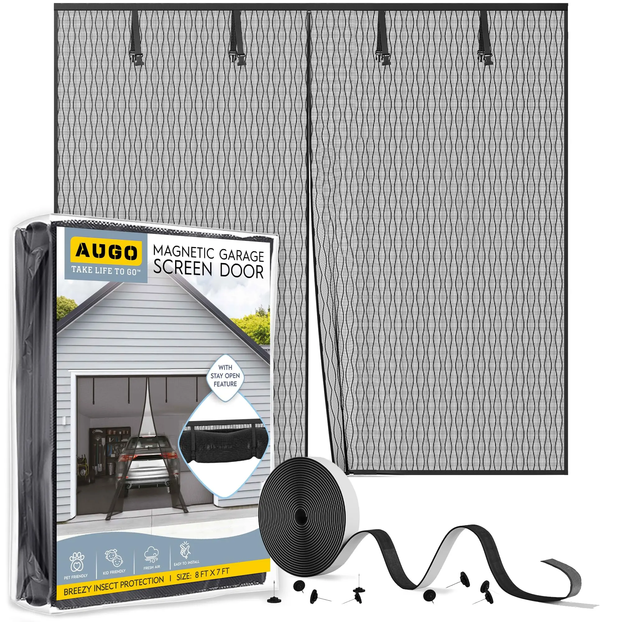 AUGO Magnetic Screen Door - Self Sealing, Heavy Duty, Hands Free Mesh Partition Keeps Bugs Out - Pet and Kid Friendly - Patent Pending Keep Open Feature - 38 Inch x 97 Inch