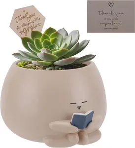 Bookworm Planter Pot - Cute Plant Pots for Succulents with Thank You Sign & Card, Small Reading Planter for Indoor, Succulent Gifts for Book Lovers, Teacher Dad Mom Appreciation