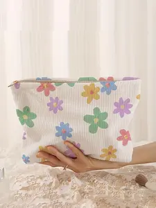 Floral Pattern Corduroy Cosmetic Bag, Colorful Lightweight Multi-functional Fashion Leisure Cosmetic Bag, Travel Cosmetic Bag, Suitable for Leisure Travel, Travel Makeup Pouch