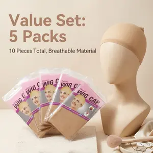 Wig Caps 5 Packages 10pcs - Light Brown Elastic Medium Nylon Stocking Caps for Cosplay, Breathable Wig Caps for Comfort and Style