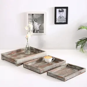 Whitewash Brown Wood Nesting Serving Display Trays, 3 Piece Set