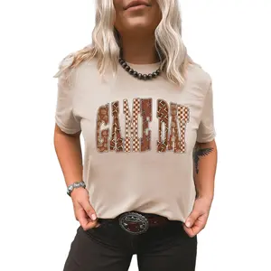 Women's Khaki GAME DAY Checkered Letter Graphic T-Shirt for Casual Style