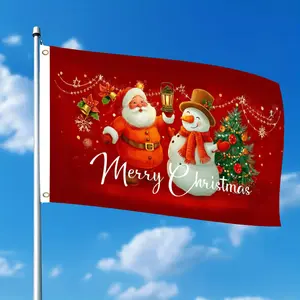 2D Flat - 2D Flat - 1pc Christmas Decoration Featuring Santa And a Snowman with a Lantern And Tree, Designed for a Merry Christmas Theme - 2D Flat Print, Measuring 3X5 Feet, Single-Sided with Two Holes for Hanging