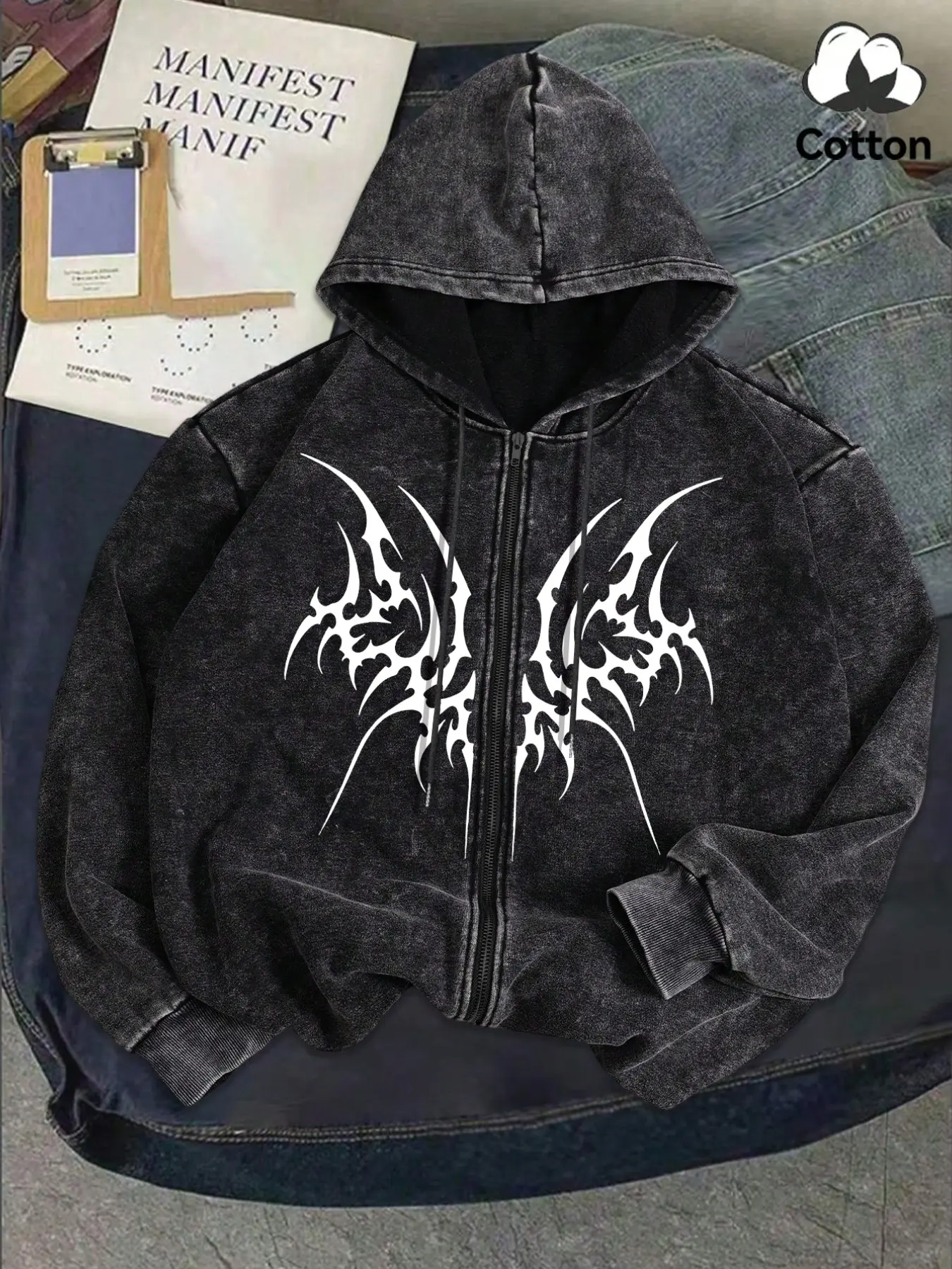 Men's Gothic Graphic Zipper Hoodie, Loose-Fitting Casual Long Sleeve Sweatshirt, Spring & Fall Fashion, Daily Wear Top, Hoodie Print Hoodies