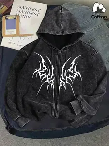 Men's Gothic Graphic Zipper Hoodie, Loose-Fitting Casual Long Sleeve Sweatshirt, Spring & Fall Fashion, Daily Wear Top