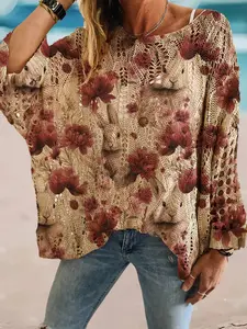 Women's Floral Print Long Sleeve Knit Top, Casual Elegant Vacation Style Sweater Knitwear, Loose Batwing Shoulders, Spring & Fall Fashion