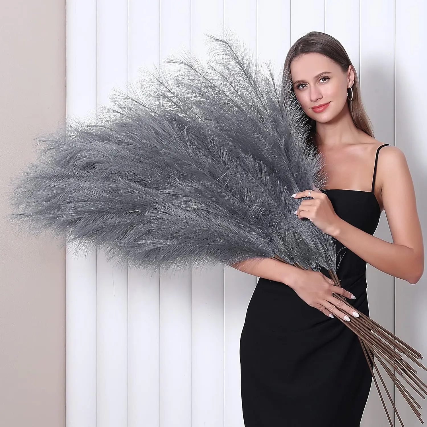 8 count 45 inch Tall Faux Pampas Grass Decor, Large Artificial Grey Pompous Grass Bulk, Long  Pompas for Floor Vase Filler, Wedding,  Shower, Home and Boho Decor (Grey)
