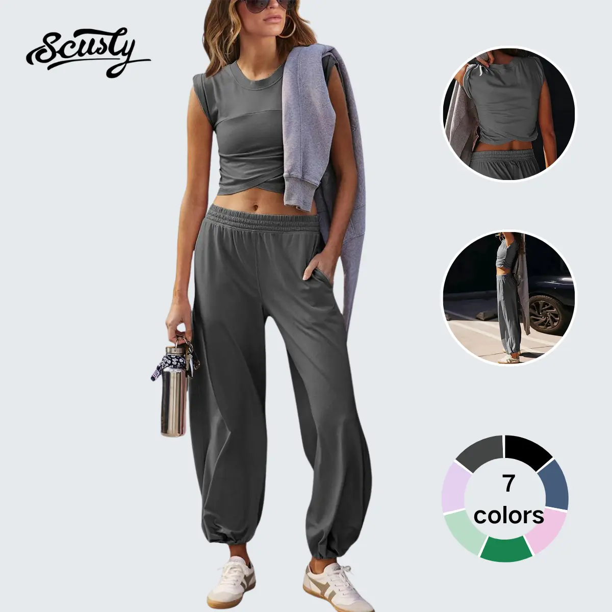 SCUSTY Womens Two Pieces Outfits Casual Lounge Sets Cropped Tops Workout Sweatpants Tracksuit with Pockets