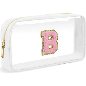 Initial Clear Makeup Bag Small Cosmetic Bag Travel Toiletry Bag Clear Zipper Pouch Purse Organizer Bags for Women (White-M, B)