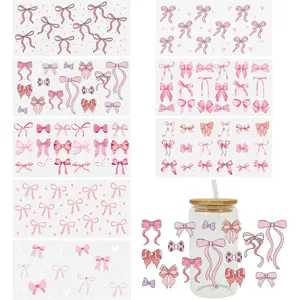 8 Sheets Bow Theme UV DTF Cup Wrap Transfer for Glass Cups Bow Stickers Rub on Transfers for Crafts Waterproof Transfer Stickers for 16oz Libbey Glass Cups