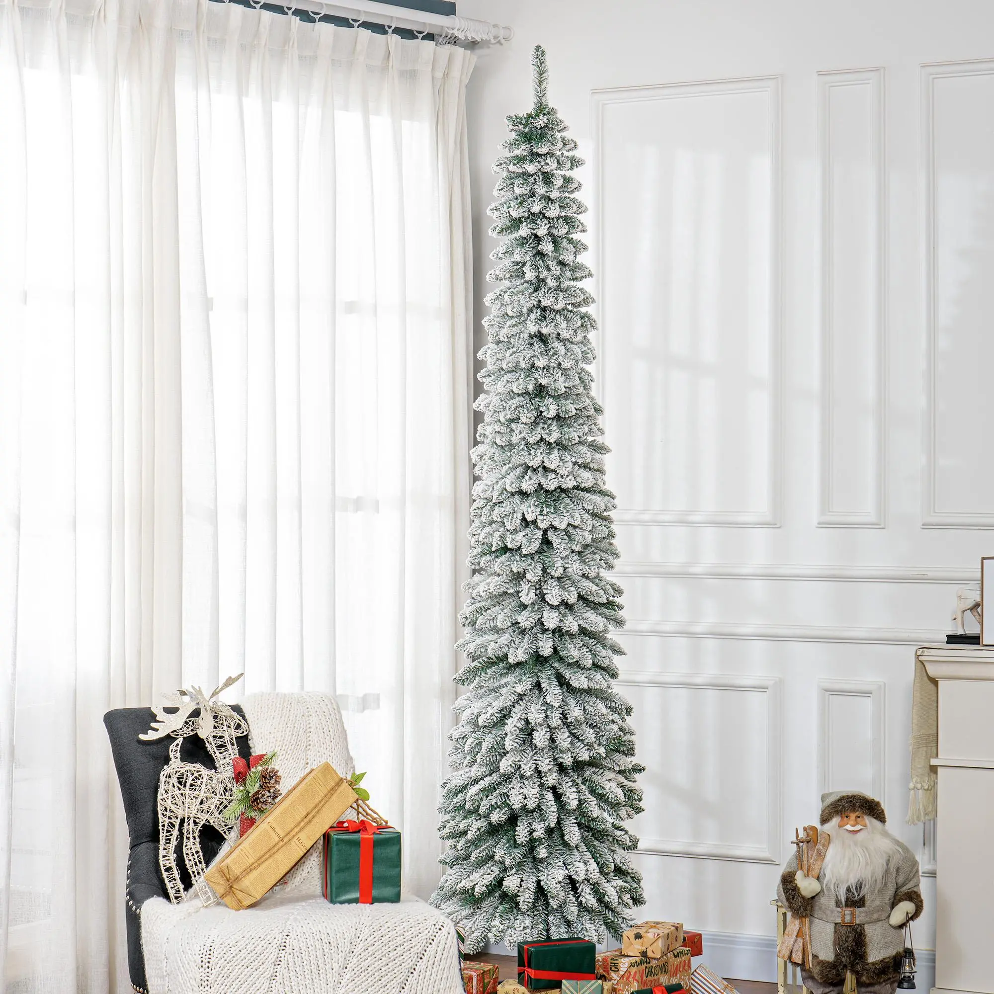 HOMCOM Unlit Snow Flocked Slim Pencil Artificial Christmas Tree, 5ft-9ft, Natural Realistic Green Branches, Fire Resistant Metal Frame, Easy Install Quick Setup Holiday Decoration for Entryway Home, 5Ft-8Ft