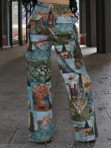 Women Patchwork Art Print Pocket Cargo Pants 2026 Casual Street Trousers Daily Ladies Bottoms All Seasons Baggy Everyday
