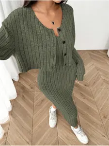Women's new autumn rib knitted shoulder-down button front placket long sleeve jacket and tight midi dress suit