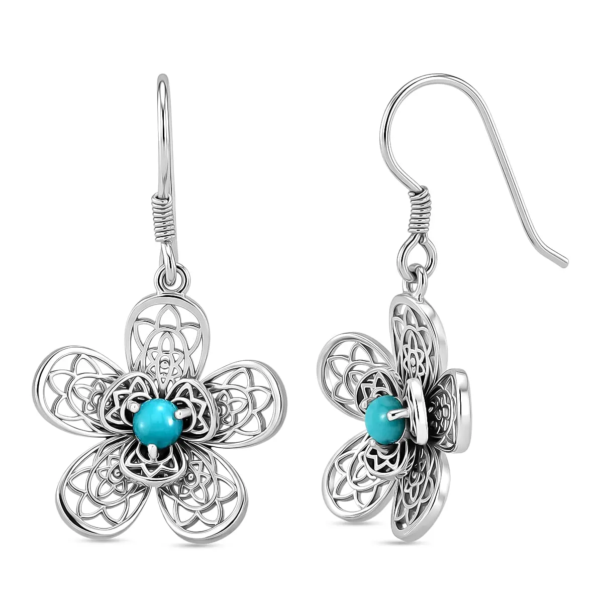 D'Joy Passport to Turkey Artisan Crafted Premium Lagoon Turquoise Floral Earrings in Sterling Silver 0.70 ctw