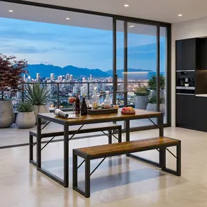 45.5 Inch 3 Piece Dining Set for 4, Rectangular MDF Table with 2 Benches, Heavy Duty Steel Frame with Adjustable Feet & Silicone Protectors, Space-Saving Modern Dinette for Kitchen Dining Room Home Decor