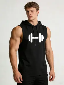 Men's Dumbbell Graphic Sleeveless Hoodie - Minimalist Barbell Print, Athletic Fit, Perfect for Gym Training, Bodybuilding, Casual Daily Wear & Fitness Motivation, Workout Statement Hooded Tank