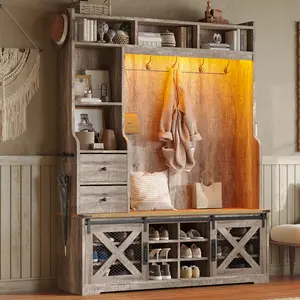 VanAcc 7-in-1 Farmhouse Hall Tree with Bench and Shoe Cabinet, LED Entryway Organizer with Drawers, 12 Shoe Cubbies & Barn Doors, 7 Coat Racks with Shoe Storage