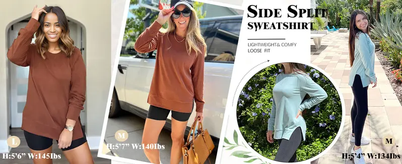 OFEEFAN Women’s Long Sleeve Sweatshirt Crewneck Pullover Tops Soft Stretchy Lightweight Side Split Hem Casual Loose Fit Tunic Shirts for Fall Outfits