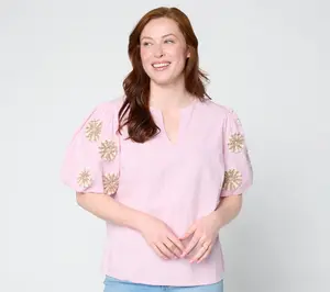 Studio Park x Amy Stran Embroidered Puff Sleeve VNeck Blouse Studio Park x Amy Stran Embroidered Puff Sleeve VNeck Blouse