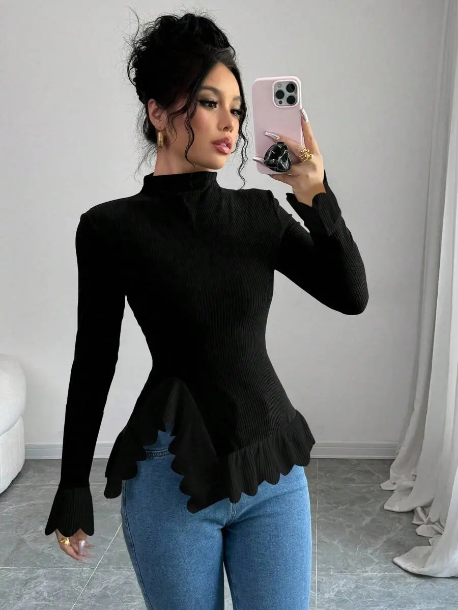 Selianne Women Casual Plain Stand Collar Split Hem T-Shirt, Autumn Winter Fall Cloth for Women