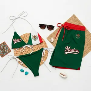 Green White Red Mexico Flag Inspired Couple Swimwear Set – Triangle Bikini & Men Beach Shorts, Summer Vacation Beach Vacation Cinco de Mayo Mexican Outfit, Lightweight Quick Dry Pool Party Swimsuit, Tropical Sunbathing Wear