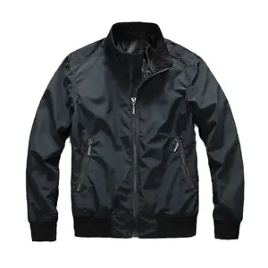 Men's Bomber Jacket, Thin Stand Collar Windproof Longsleeves Loose Basic Tops & Coats, Black Versatile Casual Menswear with Zippered Pockets for Spring & Autumn
