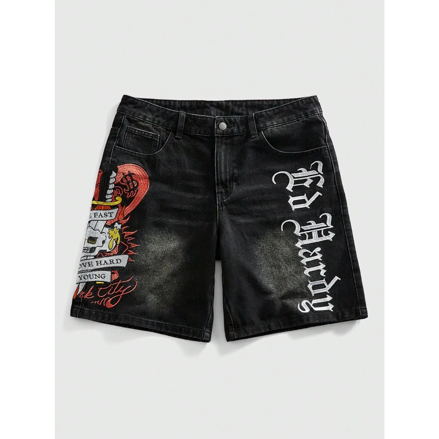 Men's Vintage Washed Denim Shorts with Dark Embroidery Detailing, Relaxed Fit 90s Grunge Jorts for Casual Streetwear, Menswear, Fabric, Baggy Jorts, Men's Shorts, Jeans, 90S Look, Punk-Inspired Casual, Punk Look, Vintage Fade, Retro, Embroidered, Cold Was