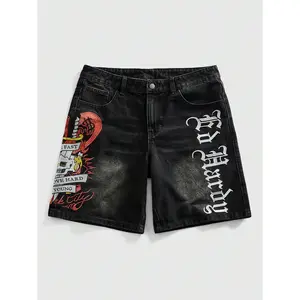 Summer Casual Graphic Men'S Summer Casual Fashion Street Punk Dark Embroidery Washed Denim Shorts