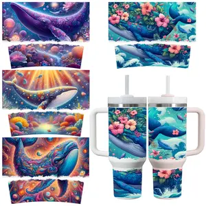 4 Sheets Whale Ocean Coral Flower Sunlight Fish UV DTF Stickers for 40oz Tumblers Waterproof DIY Decals Vinyl Decal Set side  eyes  sticker