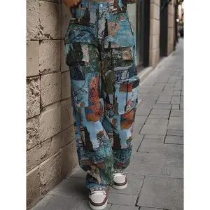 Women's Patchwork Print Pocket Cargo Pants, Casual Bohemian Street Wide Leg Trousers for Daily Wear, Ladies Wideleg Bottoms for All Seasons, Boho Womenswear, Boho Fashion Baggy Trousers, Casual Chic Trousers, Baggy Fit