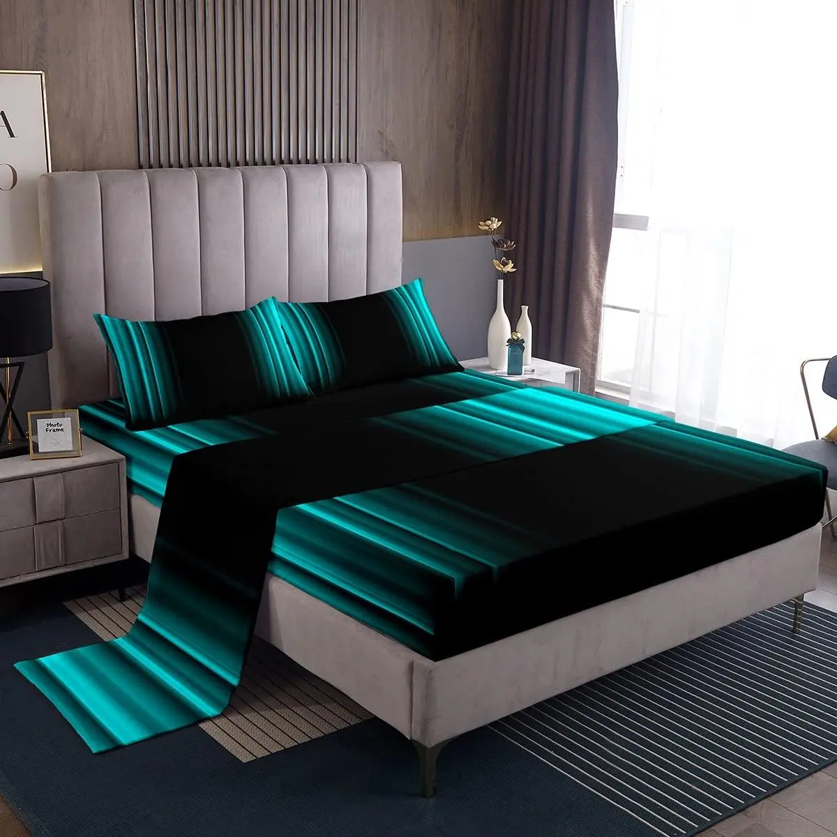 Feelyou Geometric Abstract Ombre Bedding Sets, Teal and Black Stripes Bedding Supplies, Lightweight Soft Breathable Sheets, Modern Fashion Bedroom Decor Collection