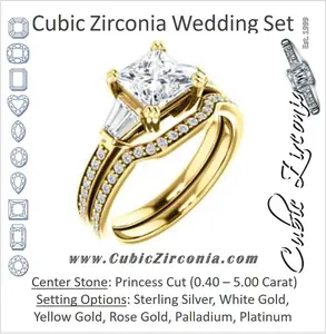 CZ Wedding Set, featuring The Hazel Rae engagement ring (Customizable Princess Cut Design with Quad Baguette Accents and Pavé Band)