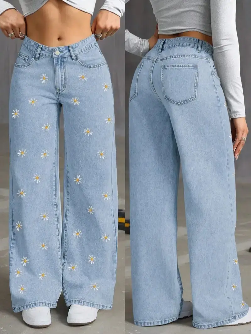 Women's High-Waist Graphic Jeans, Ditsy Floral Print Baggy Wide Leg Fit, Soft Denim Trousers Below the Ankle for Daily Shopping, Casual, Fits, Oversized, Lightweight, Pants, Flowers, Daisy, Relaxed Jeans