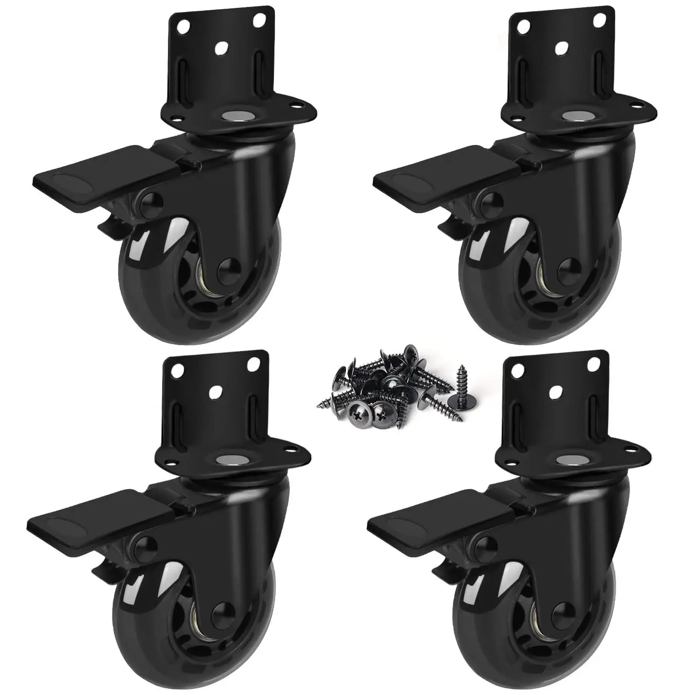 Set of 4 Caster Wheels - 2.5 in Heavy Duty Side Mount Swivel Casters with L-Shaped Plate Brakes, Silent Wear-Resistant Polyurethane Wheels, 500 Lbs Load Capacity for Chairs, Metal Shelving, Manufacturer Warranty, Kitchen Cabinet