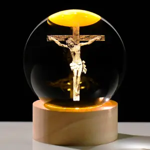 3D Jesus Engraved Cross Crystal Ball Night Light with Wood Base, Christian Religious Easter Gift for Adults, Faith-Inspired Home Desk Decor Ornament