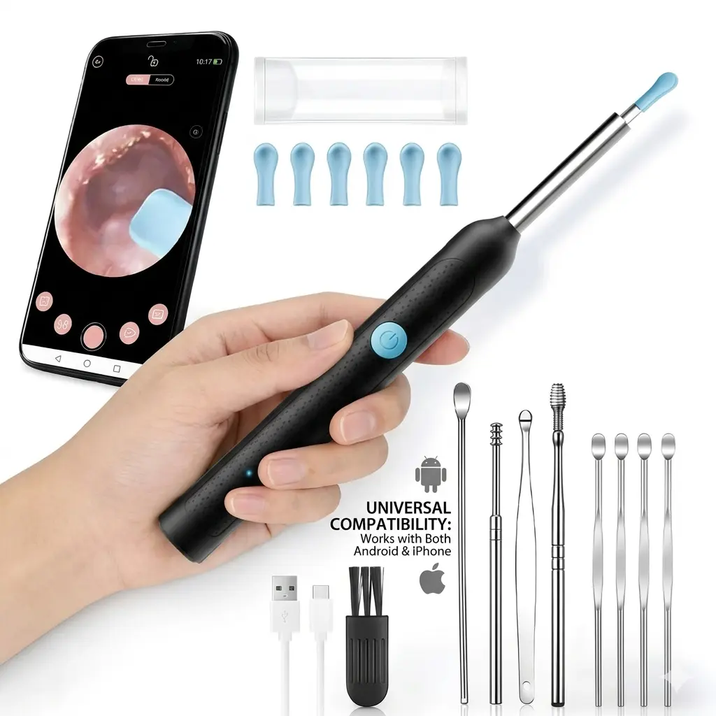 Ear Wax Removal Kit with 1080P HD Camera 6 Tips Safe Waterproof Portable Visual Endoscope Wireless WiFi Light iOS Android Compatible Earwax Remover Tool Ear Pick Set Ear Cleaning Tool cleaner soft silicone Rechargeable Ear Wax Remover wab picker type-c