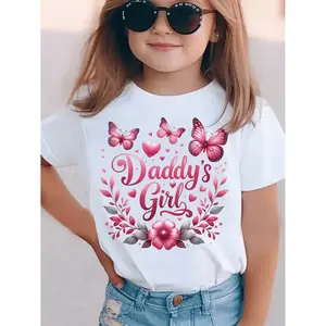 A T-Shirt with The Phrase 'Daddy'S Girl' And a 3D Butterfly Floral Print, Featuring a Sweet Print Design with a Round Neck And Short Sleeves for Girls