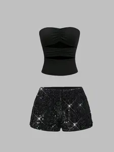 Fashion Trendy Women's Sexy Strapless Crop Graphic Sequin Shorts Set, Stylish Summer, Perfect for Parties and Nightouts, Comfortable and Chic