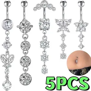 5PCS 14G Dangle Belly Button Rings Surgical Steel Silver Belly Button Rings Dangling CZ Belly Rings for Women Silver Rose Gold Belly Button Piercing Jewelry Charms